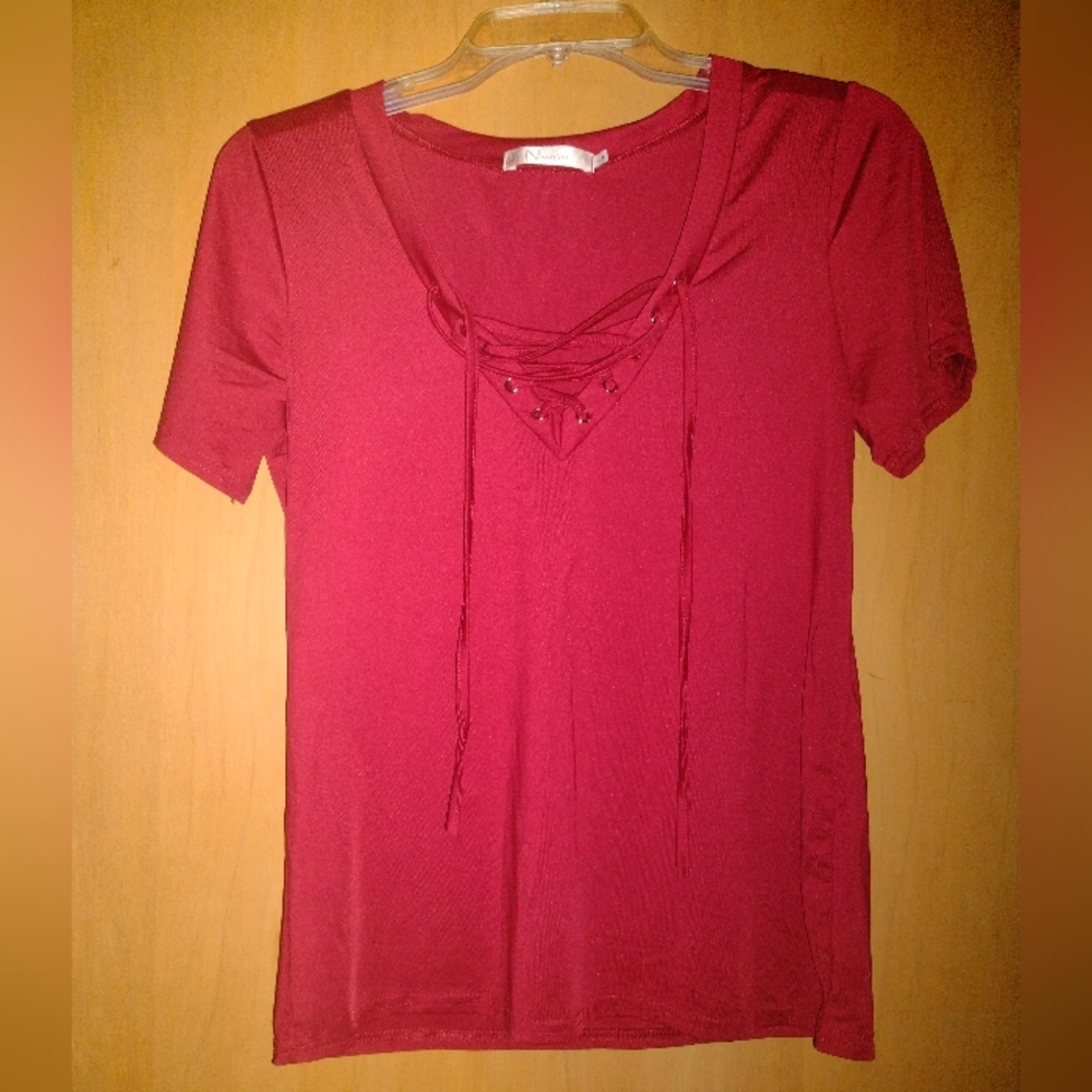 Nuoxi Burgundy Lace Up Shirt Sleeve Shirt Size Large